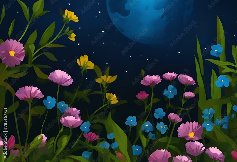 AI generated illustration of a beautiful garden bathed in moonlight