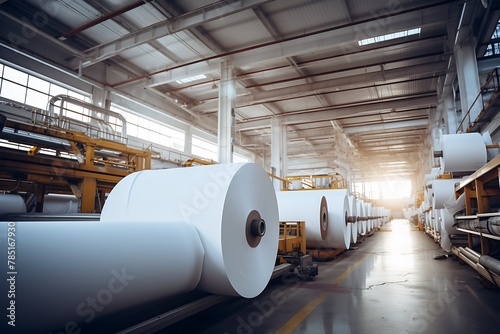 Rolls of paper in the warehouse. Factory equipment. Industrial background