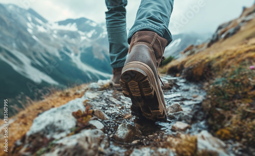 Man hiking up a mountain trail with a close-up of his leather hiking boots.