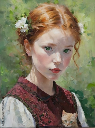 AI generated illustration of a gingerhead girl with a kitten in a garden in acrylic paints photo