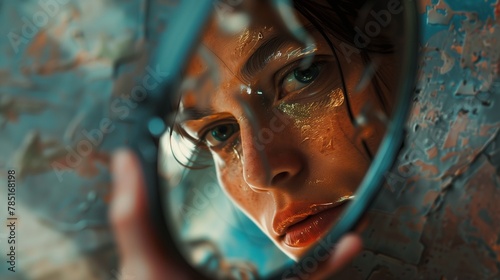 AI generated illustration of a reflection of a woman's face in a mirror © Wirestock