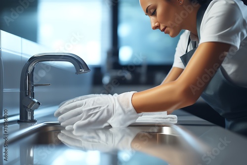 Close up of female hands in gloves cleaning the kitchen table with a rag photo