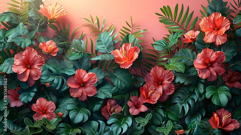 Vibrant flowers and lush greenery arranged on a soothing pastel pink background, portrayed in realistic high resolution