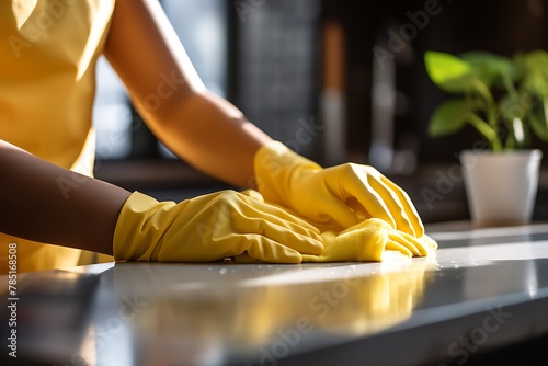 Close up of female hands in gloves cleaning the kitchen table with a rag photo