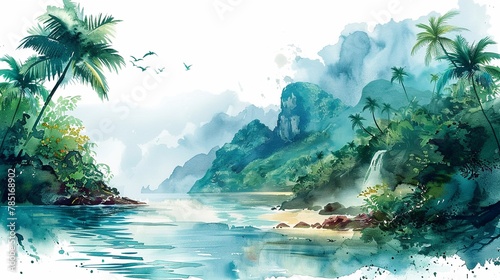 An adventurous image of explorers in a watercolor jungle that leads to the ocean, discovering hidden waterfalls and wildlife isolated on white background clipart