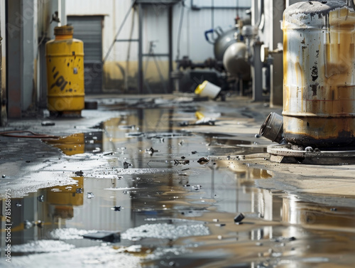 Reflections on a wet factory floor with scattered containers.