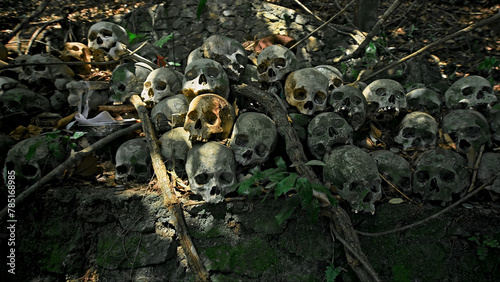 Many green human skulls and bones lying on the ground in the forest, covered in moss in an old abandoned cemetery