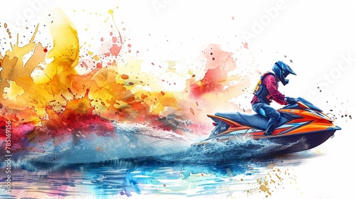 An energetic scene of a jet ski race, with splashing watercolor waves and thrilled riders isolated on white background clipart