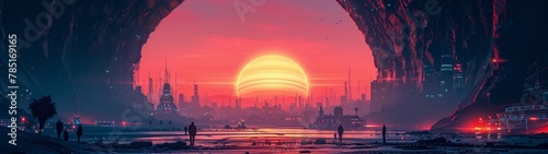 sunset over the Subterranean Metropolis with Advanced Infrastructure super ultrawide wallpaper