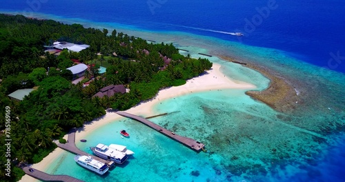 Aerial drone shot of a tropical island in the Maldives and the Indian Ocean photo