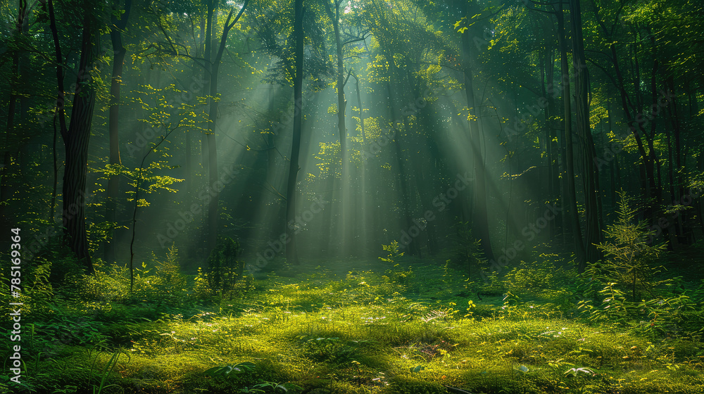 Rays of light in the dark forest. Created with Ai