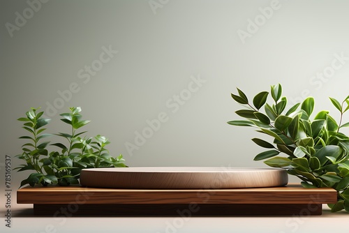 Wooden podium on the background of green plants. 3d rendering