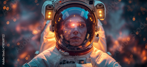 Portrait of an astronaut. Mars colonization or settlement concept. Astronaut in space suit in outer space with nebula reflection in helmet glass © Aquir