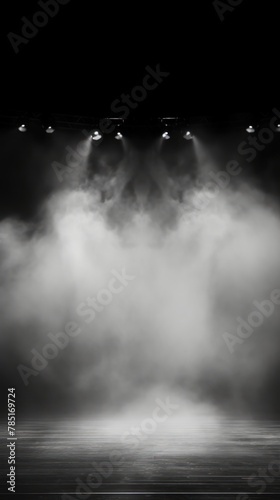 Gray stage background, gray spotlight light effects, dark atmosphere, smoke and mist, simple stage background, stage lighting, spotlights