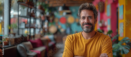 white man with beard gentle face in a cozy colorfull background, generated by IA 