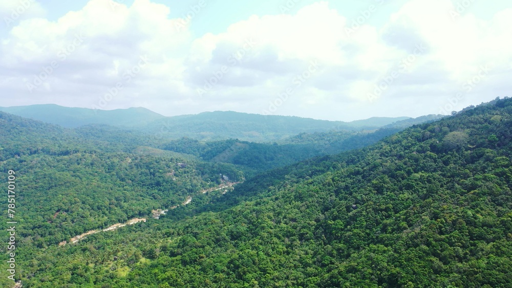 Aerial view of large tropical rain forest in Thailand under a blue cloudy sky