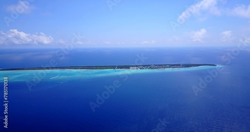 Aerial view of a small tropical island with a white sandy beach and turquoise water