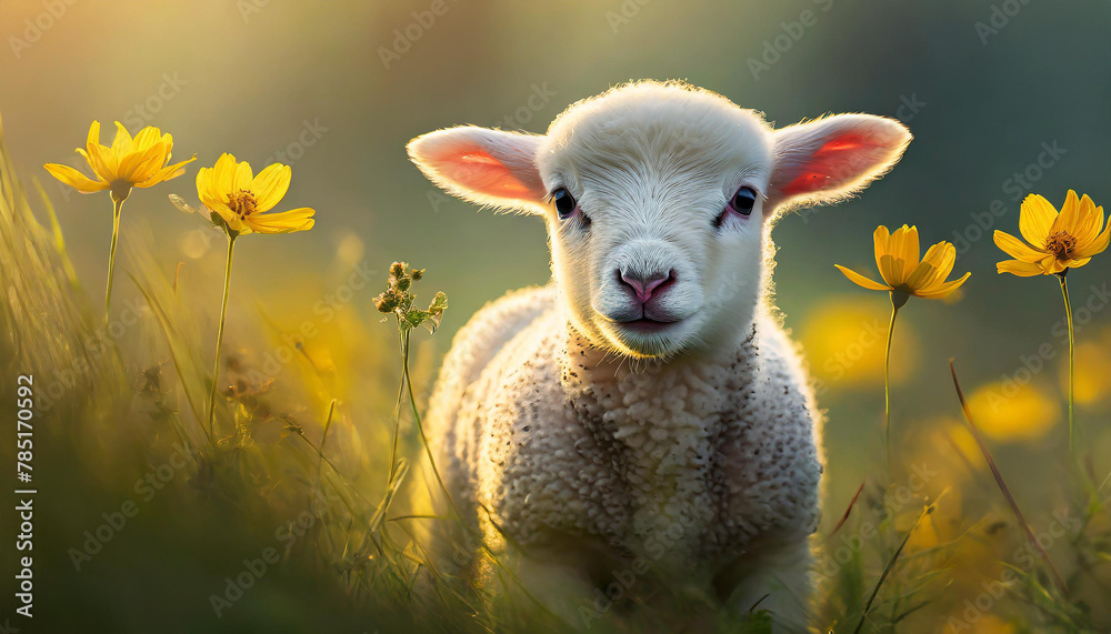 Portrait of white little lamb in field with yellow flowers. Domestic animal. Blurred backdrop.