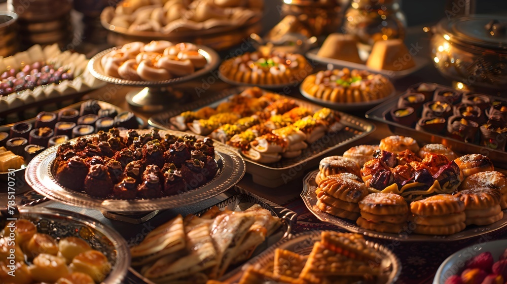 abundance of food and sweets prepared for the Eid Mubarak feast such as biryani, kebabs, samosas, and desserts like baklava and kunafa 