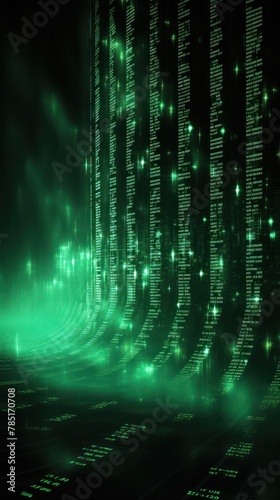 Green abstract binary code background with glowing light rays and digital numbers for technology concept