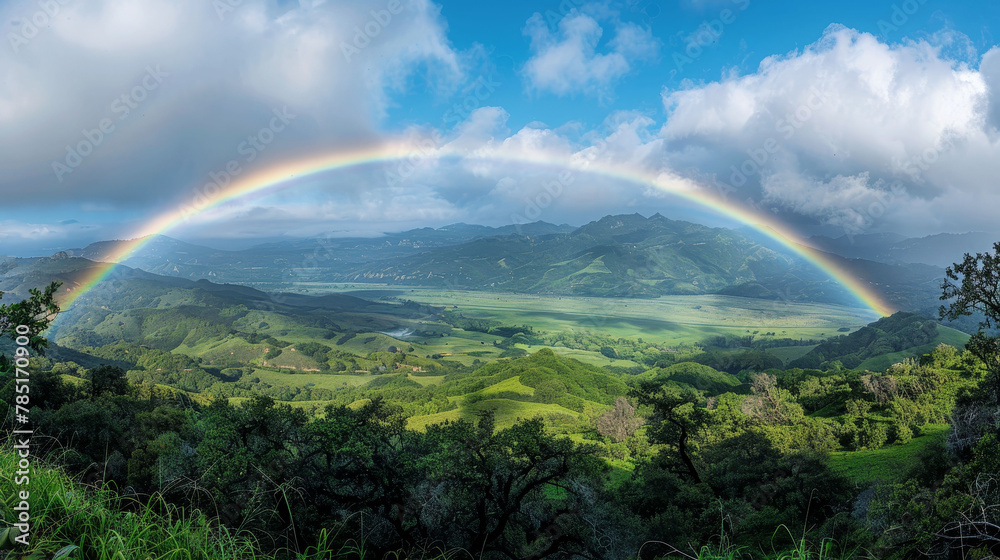 Panoramic view of a stunning rainbow over lush green hills after rain