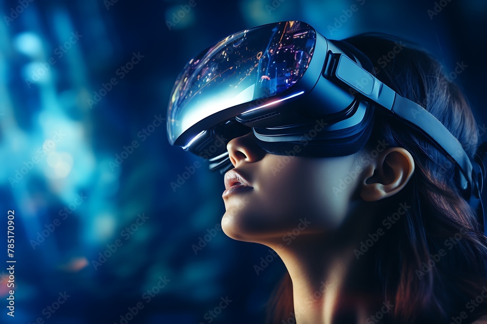 Young woman wearing virtual reality goggles on black background. 3d rendering Young woman wearing virtual reality goggles on black background. 3d rendering