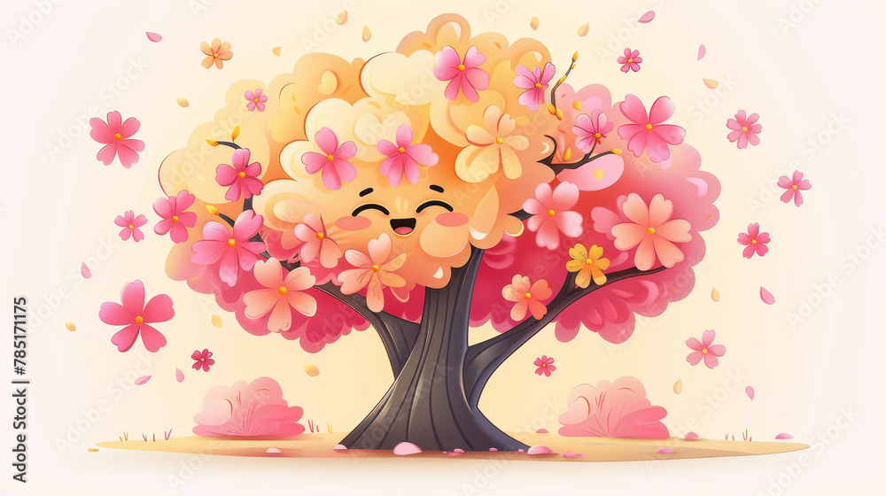 Cheerful cartoon tree with a smiling face and pink blossoms on a sunny day