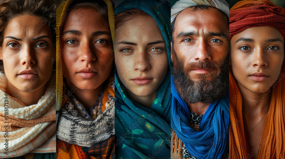 Diverse ethnic group of people in a vibrant collage of portraits