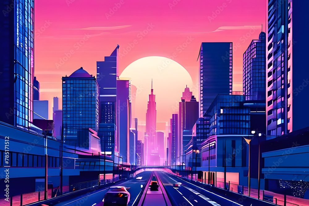 Fototapeta premium a animated modern digitalized city with huge buildings with sunset