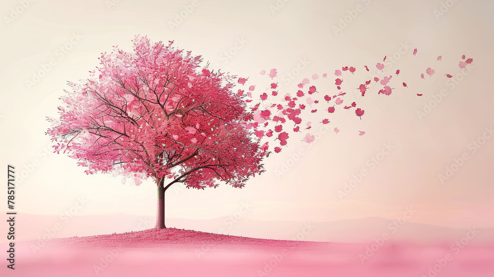 Fototapeta premium Ethereal pink tree shedding vibrant leaves on a pastel landscape