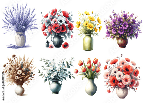 Bouquets of watercolor daisies, poppies, lavender, tulips, jasmine, dry flowers in a vase. Watercolor floral drawing. Artistic arrangements, vector format. Colorful, vibrant artwork for your design
