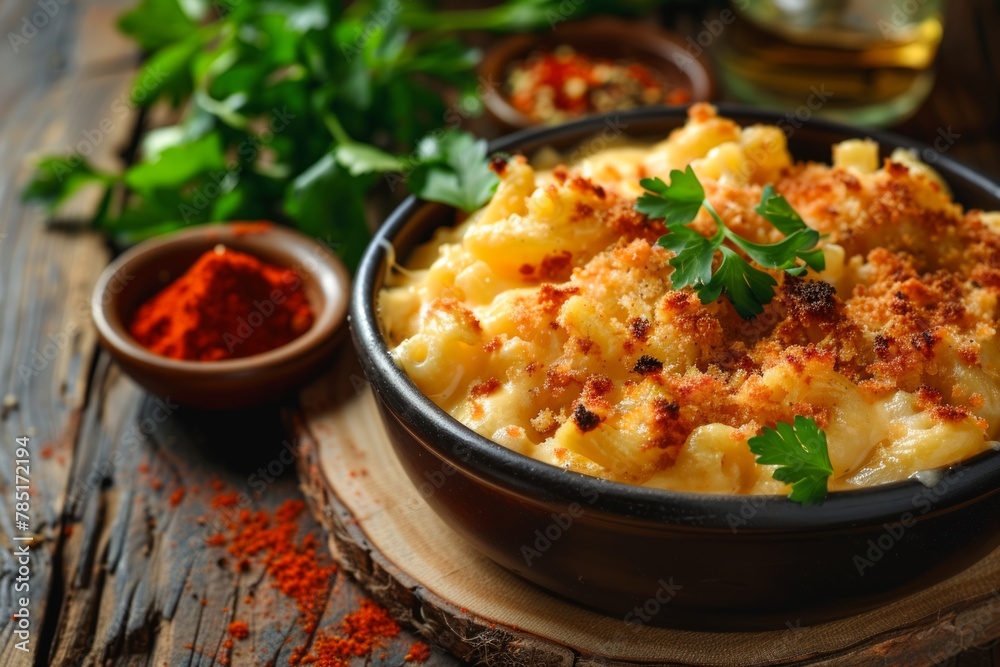 White bowl of creamy macaroni and cheese garnished with parsley. Comforting homemade dish White bowl of creamy macaroni and cheese garnished with parsley. Comforting homemade dish