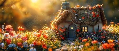Quaint crochet amigurumi cottage with a thatched roof, surrounded by a flower garden, sunset background , cinematic photo