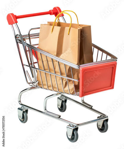 PNG Paper shopping bag in shopping cart white background consumerism supermarket