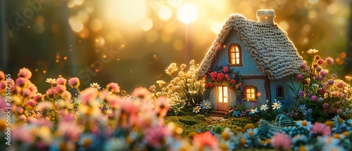 Quaint crochet amigurumi cottage with a thatched roof, surrounded by a flower garden, sunset background , cinematic photo