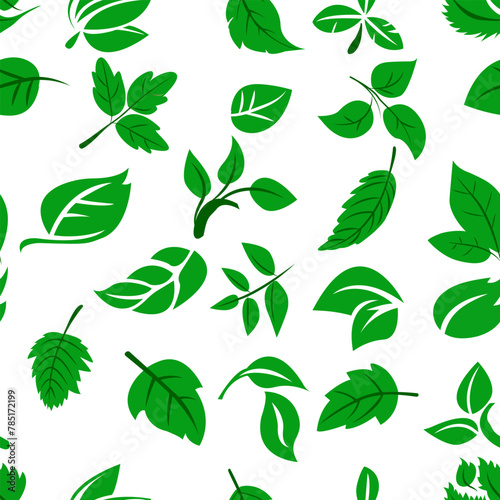 A seamless pattern featuring an array of green leaves in various shapes and sizes scattered across a white background  ideal for fabric or wallpaper.