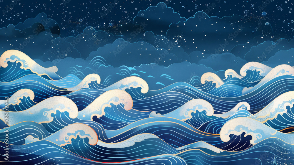 Elegant Japanese wave pattern with blue hues and white accents, ideal for decorative backgrounds Elegant Japanese wave pattern with blue hues and white accents, ideal for decorative backgrounds