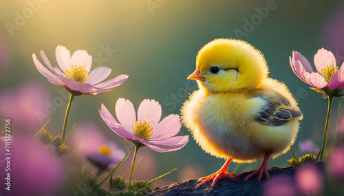 Yellow chick in field with pink blooming flowers. Cute farm bird, domestic animal. Spring season. © hardvicore