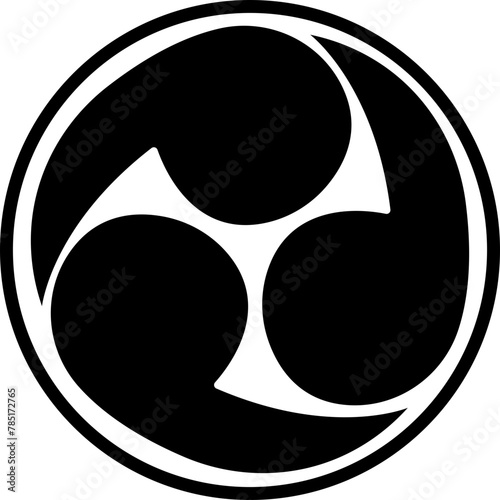 Shinto Japanese religion Hidari mitsudomoe symbol. Tomoe comma vector silhouette icon, Oriental sign, Tomoe hams symbol formed by three magatama, on transparent background, Rightwise Threefold Tomoe,