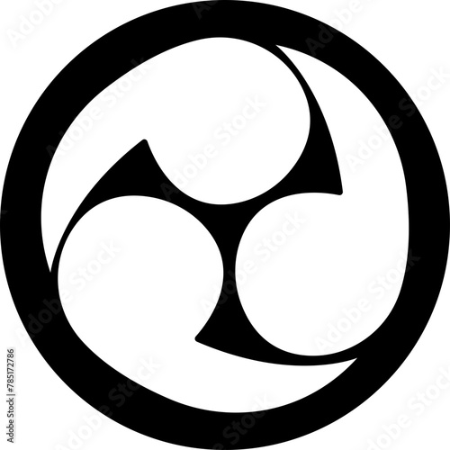 Shinto Japanese religion Hidari mitsudomoe symbol. Tomoe comma vector silhouette icon, Oriental sign, Tomoe hams symbol formed by three magatama, on transparent background, Rightwise Threefold Tomoe, photo