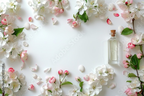 Bottle of perfume with white flowers on a white background banner