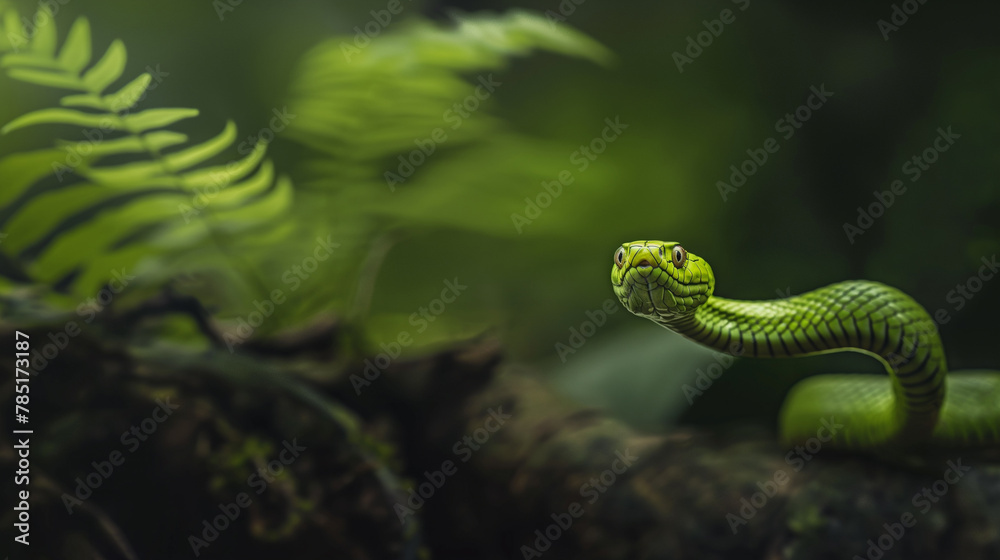 Obraz premium Green Pit Viper Snake Coiled on Branch | Background picture