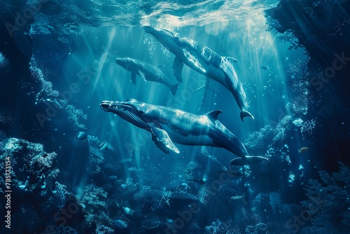 A pod of dolphins gracefully swims near an electric blue coral reef underwater