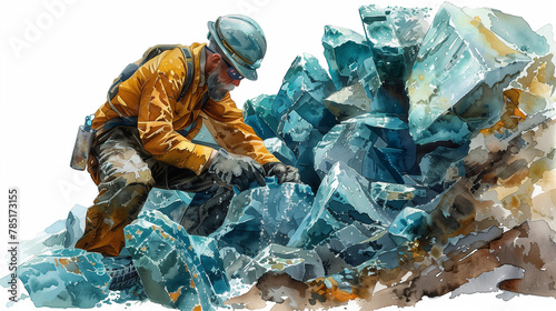 Geologist extracts minerals, illustration, isolated photo