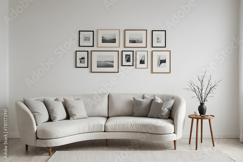 Living room interior in beige colors with white frames. White wall with frames and loveseat sofa in a scandinavian living room - modern interior design. photo