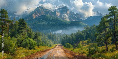 A picturesque landscape with a winding road through mountains, forests and wilderness.