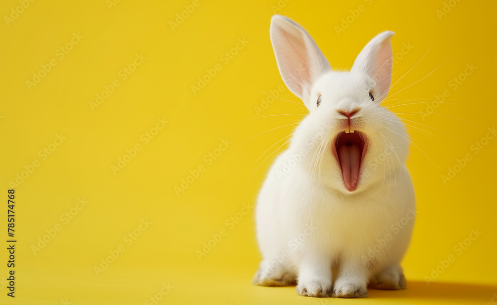 Obraz premium Joyful Bunny: A White Fluffy Companion Spreading Smiles. Yellow Background. 