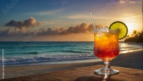 glass of tequila sunrise drink on the beautiful, hot, tropical beach with amazing sky