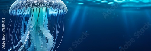 luminescent diamond jellyfish gracefully suspended in deep blue waters. concepts: wallpaper or digital backgrounds, mystery, exploration and unknown, marine-themed events, underwater attractions