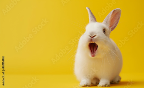 Joyful Bunny: A White Fluffy Companion Spreading Smiles. Yellow Background.  © Curioso.Photography